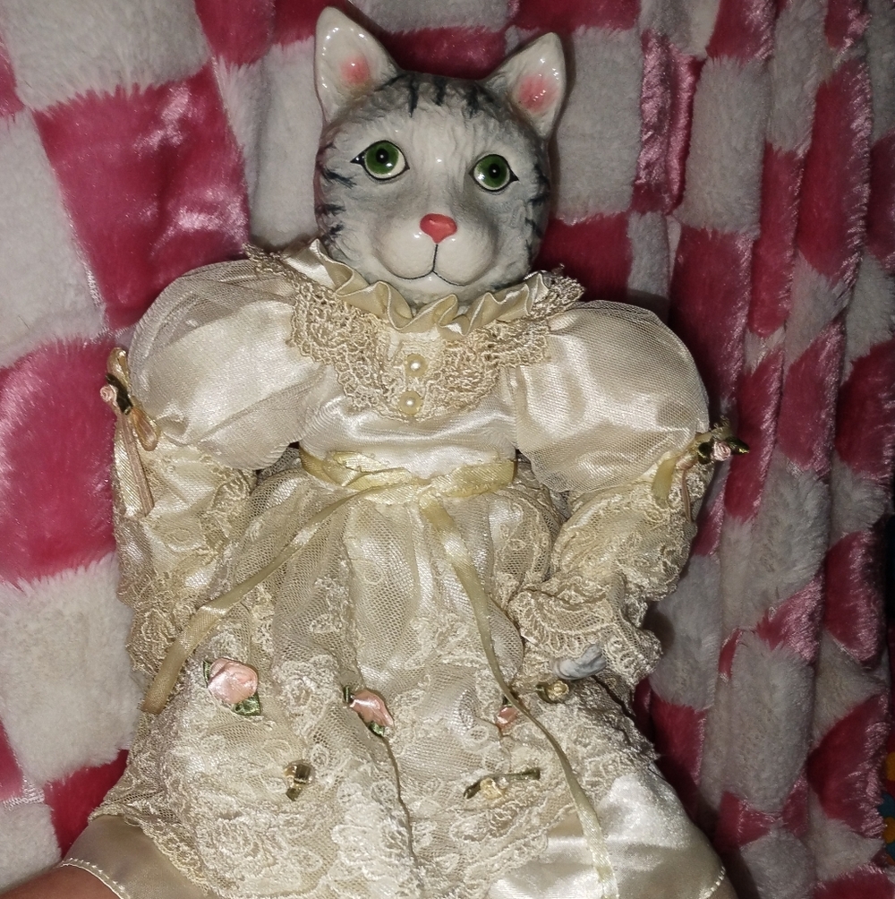 DILLARDS Trimmings Cat Doll Shelf Sitter Porcelain Satin Lace Victorian Style